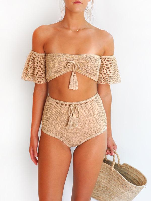 Anna Kosturova Crochet High-Waisted Havana Bikini Bottom - Gold