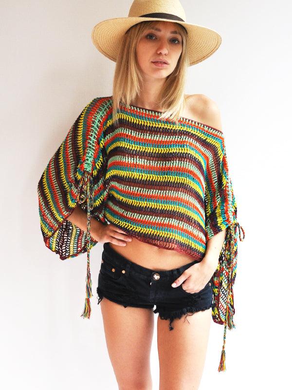 anna kosturova Crochet Kingston Stripe Drape Sleeve Top