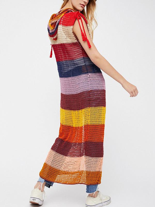 Anna Kosturova Crochet Marsala Stripe Hooded Maxi Vest