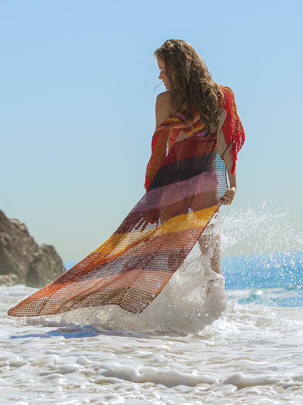 Anna Kosturova Crochet Marsala Stripe Hooded Maxi Vest