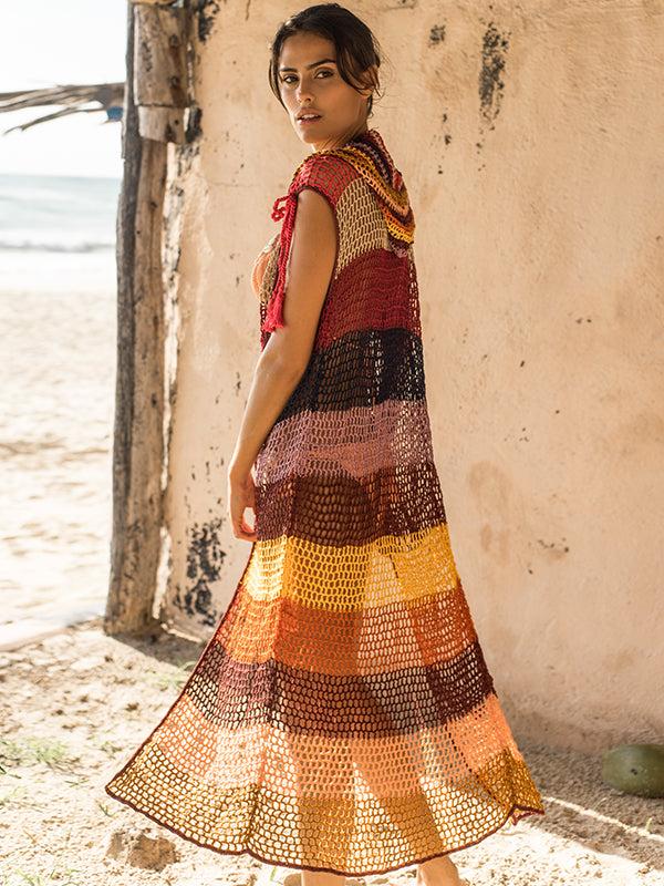 anna kosturova Crochet Marsala Stripe Hooded Maxi Vest