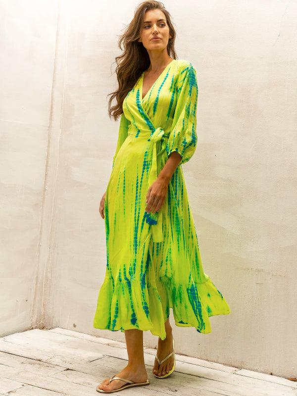 Anna Kosturova Silk Billowy Sleeve Midi Wrap Dress - Chartreuse Emerald