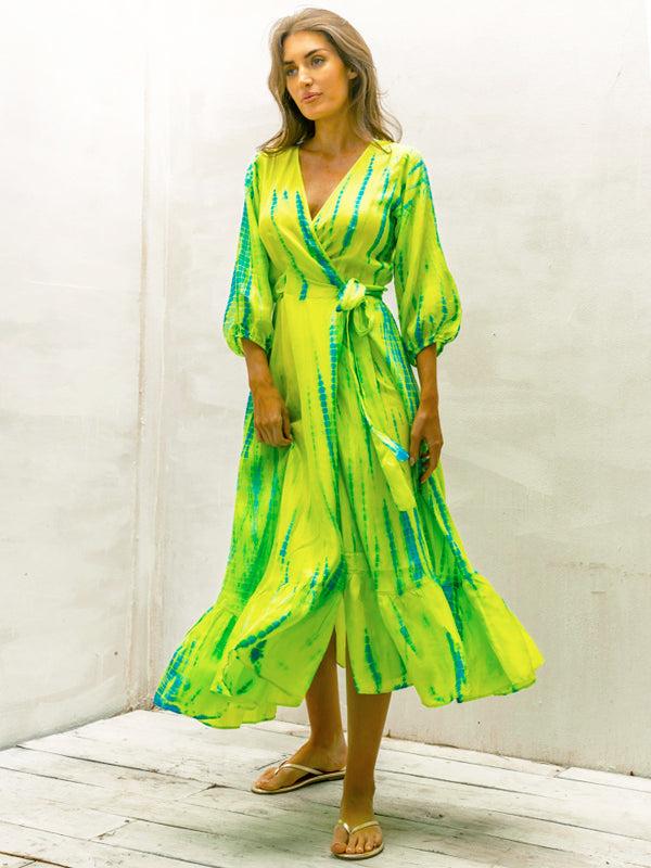 Anna Kosturova Silk Billowy Sleeve Midi Wrap Dress - Chartreuse Emerald