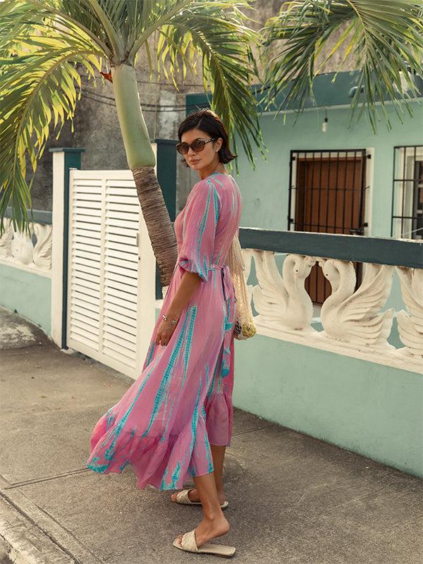 Anna Kosturova Silk Billowy Sleeve Midi Wrap Dress - Pink Seafoam