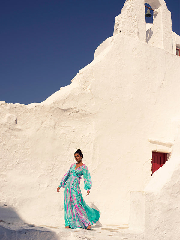 Anna Kosturova Silk Long Sleeve Wrap Dress - Aqua Flamingo