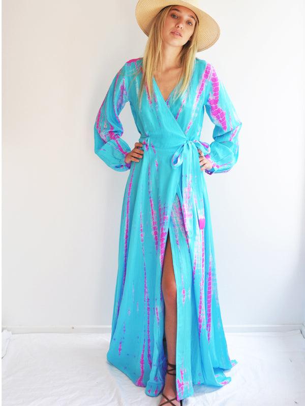 anna kosturova Silk Long Sleeve Wrap Dress - Aqua Flamingo