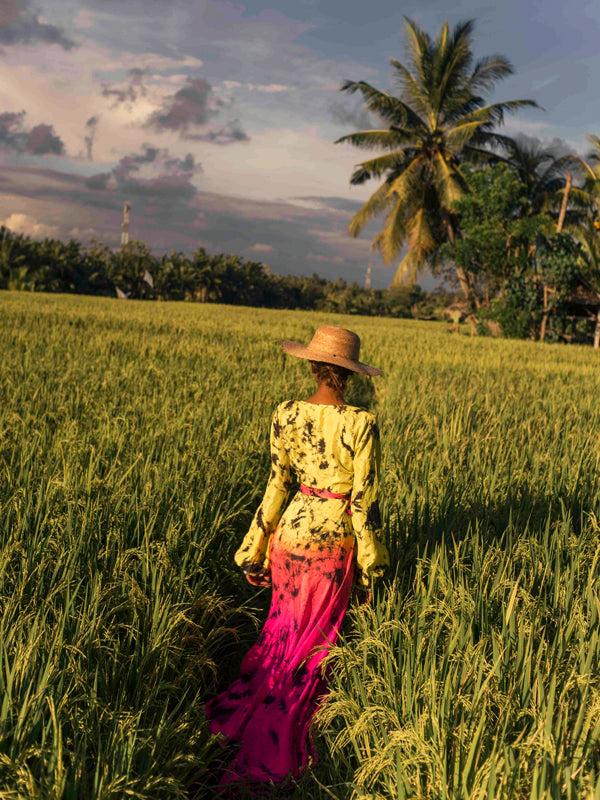 Anna Kosturova Silk Long Sleeve Wrap Dress - Astral Neon