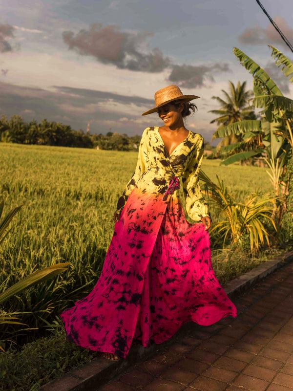 anna kosturova Silk Long Sleeve Wrap Dress - Astral Neon