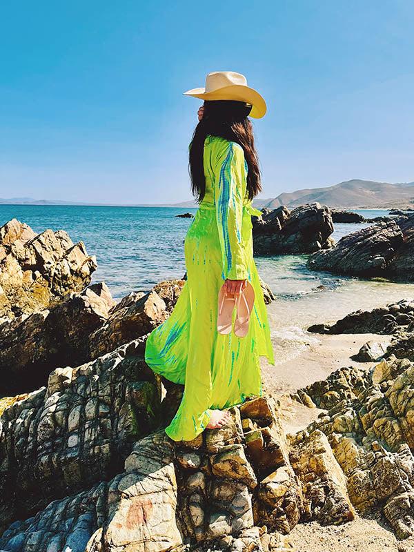 anna Kosturova Silk Long Sleeve Wrap Dress - Chartreuse Emerald