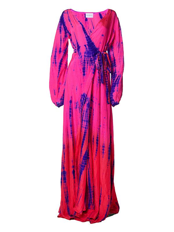 Anna Kosturova Silk Long Sleeve Wrap Dress - Fuchsia Orange