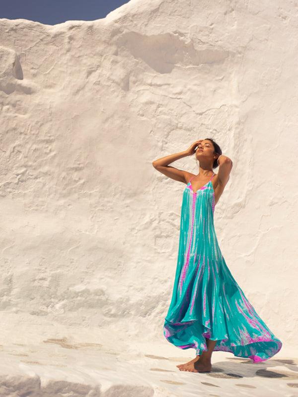Anna Kosturova Silk T-Strap Maxi Dress - Aqua Flamingo