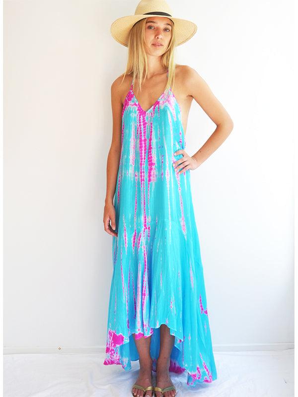Anna Kosturova Silk T-Strap Maxi Dress - Aqua Flamingo