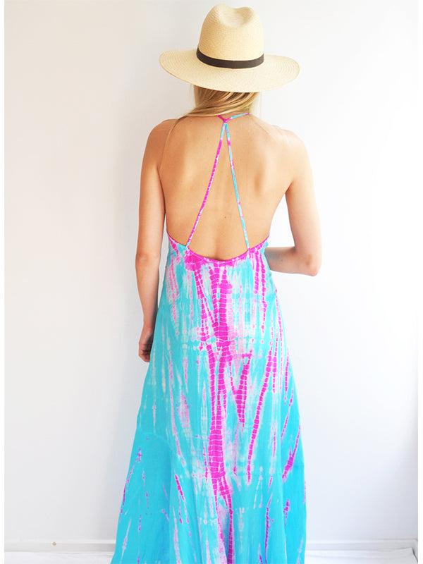 Anna Kosturova Silk T-Strap Maxi Dress - Aqua Flamingo