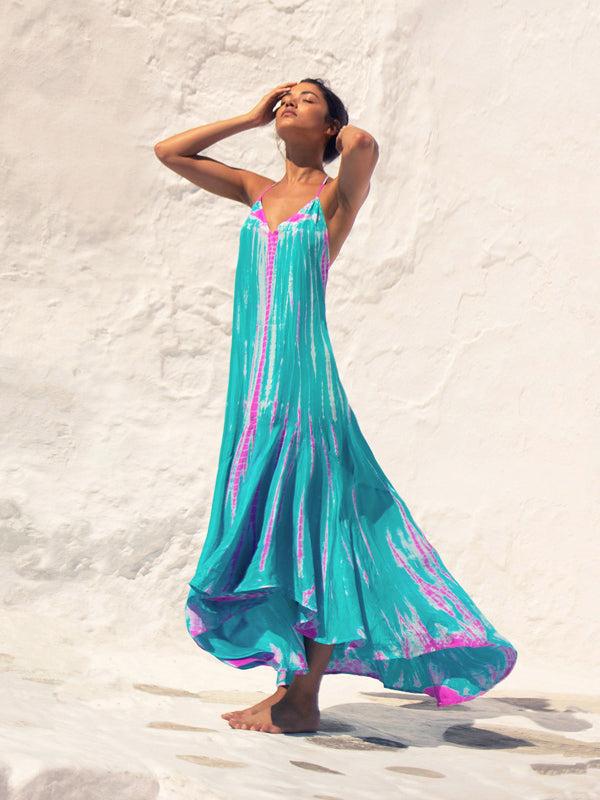 anna kosturova Silk T-Strap Maxi Dress - Aqua Flamingo