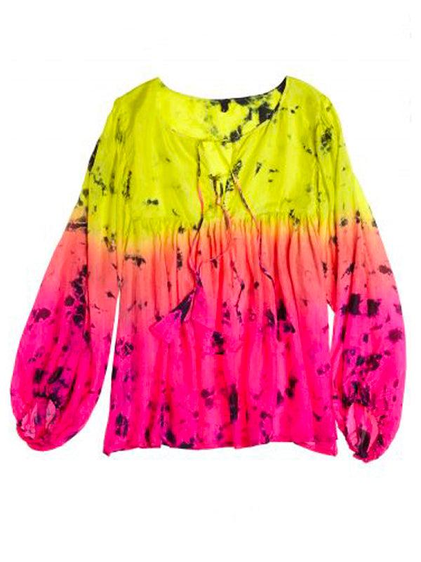 Anna Kosturova Silk Tie-Dye Billowy Sleeve Top - Astral Neon