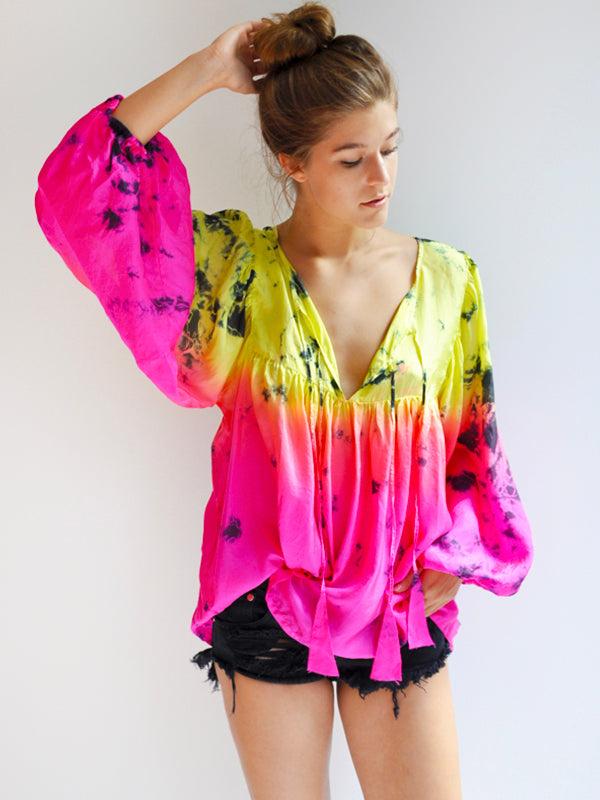 anna kosturova Silk Tie-Dye Billowy Sleeve Top - Astral Neon