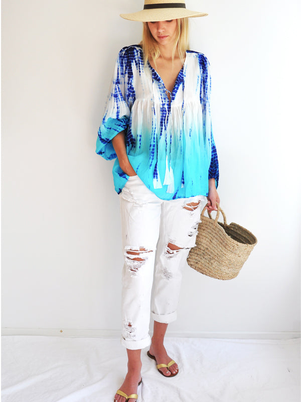 anna kosturova Silk Tie-Dye Billowy Sleeve Top - Indigo Ocean