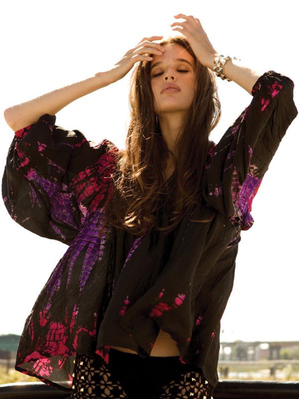Anna Kosturova Silk Tie-Dye Billowy Sleeve Top - Neon Night