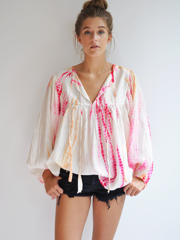 Anna Kosturova Silk Tie-Dye Billowy Sleeve Top - Sunrise