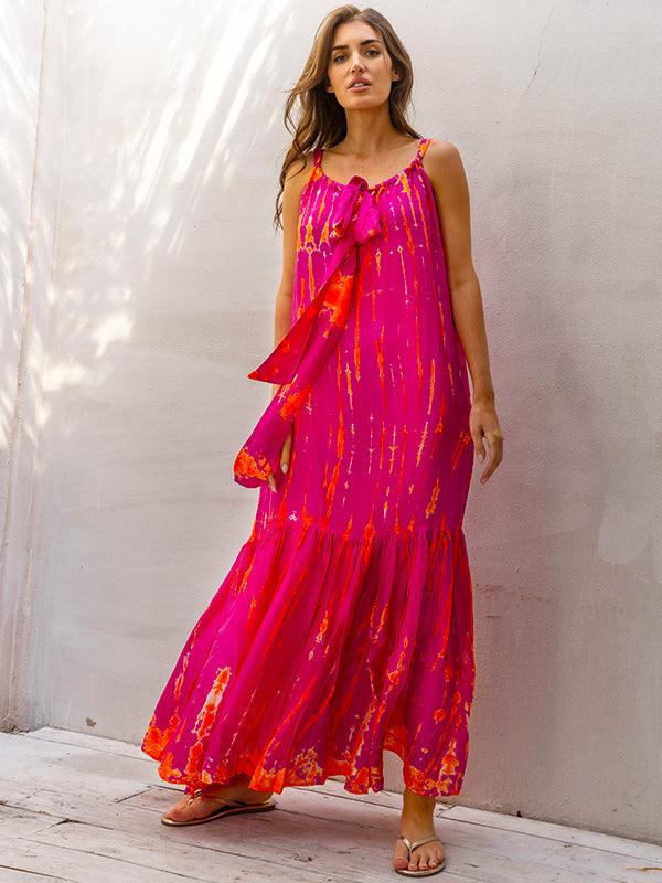 Anna Kosturova Silk Tie-Dye Sash Maxi Dress - Magenta Tangerine