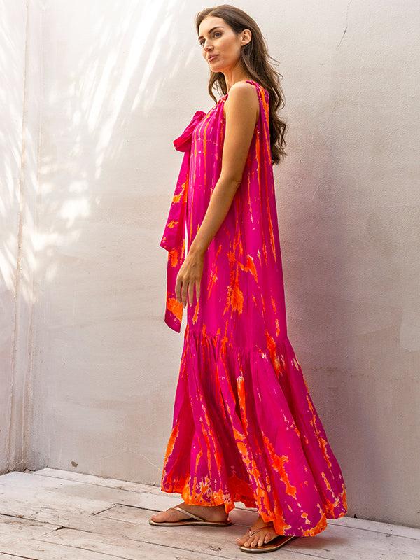 Anna Kosturova Silk Tie-Dye Sash Maxi Dress - Magenta Tangerine