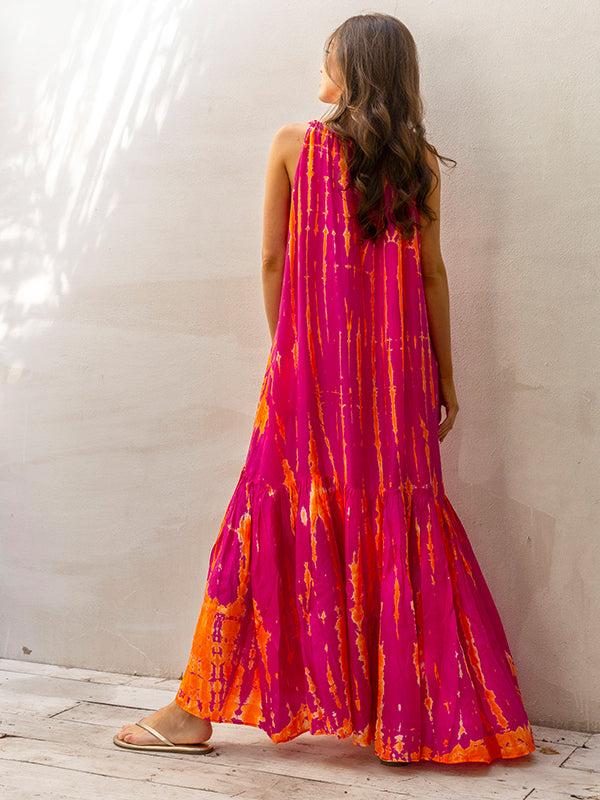Anna Kosturova Silk Tie-Dye Sash Maxi Dress - Magenta Tangerine