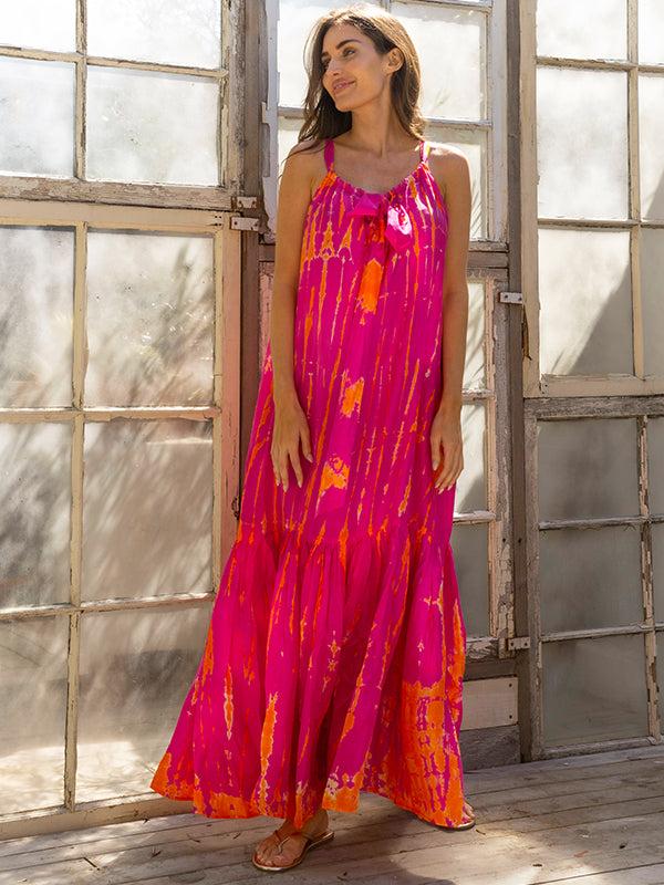 anna kosturova Silk Tie-Dye Sash Maxi Dress - Magenta Tangerine