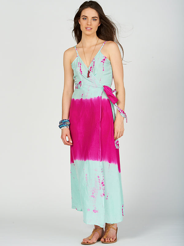 anna kosturova Silk Tie-dye Wrap Slip Dress - Aqua Fuchsia