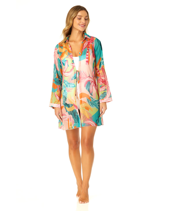 Anne Cole Women's 3/4 Sleeve Tie Open Front Cover Up