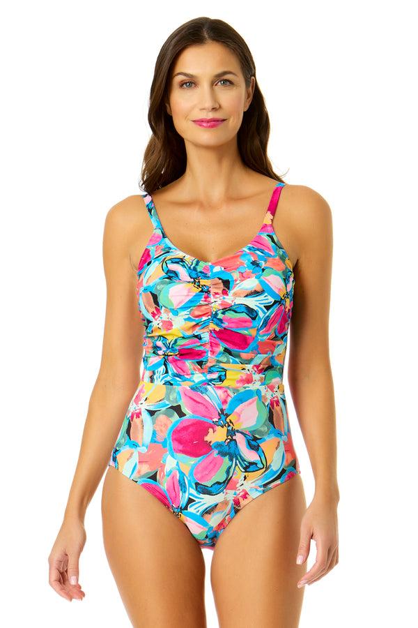 anne cole Women's Amalfi Floral Shirred Front V Neck One Piece Swimsuit