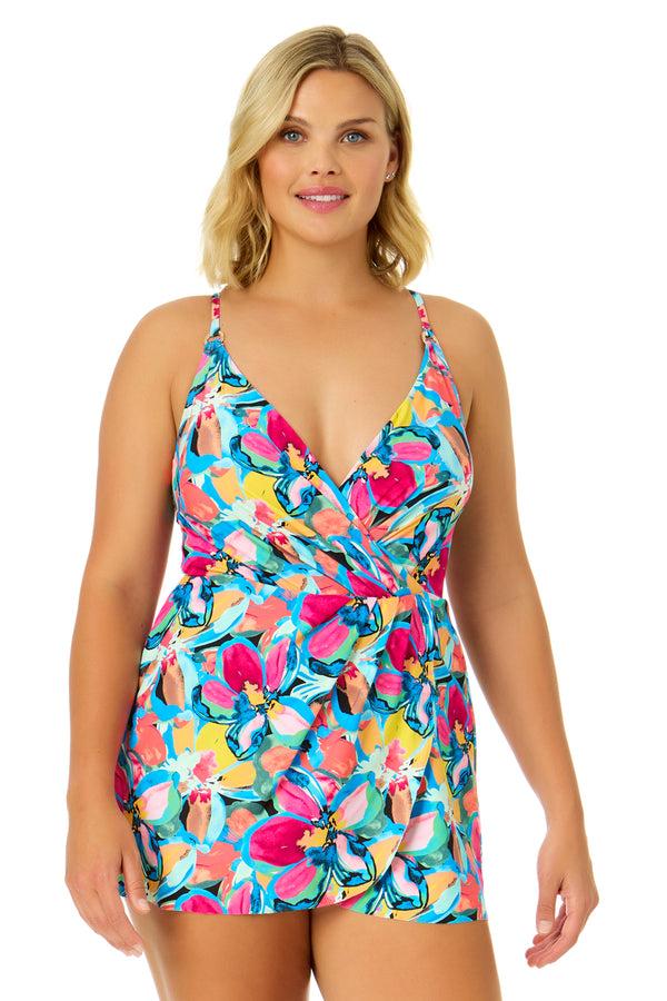anne cole Women's Amalfi Floral Swim Dress With Skirted Bottom