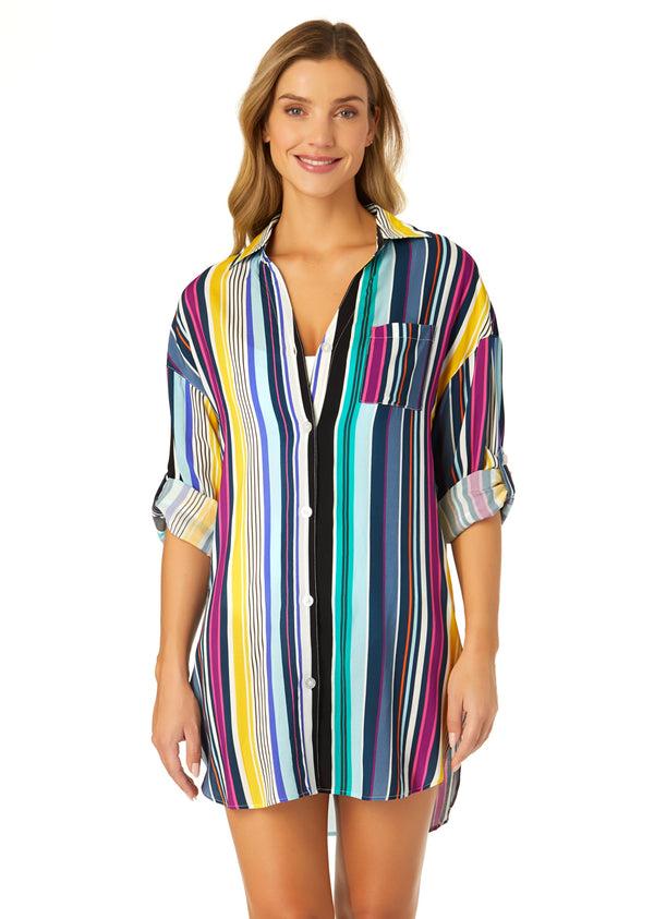anne cole Women's Barcode Stripe Button Down Shirt Swimsuit Cover Up
