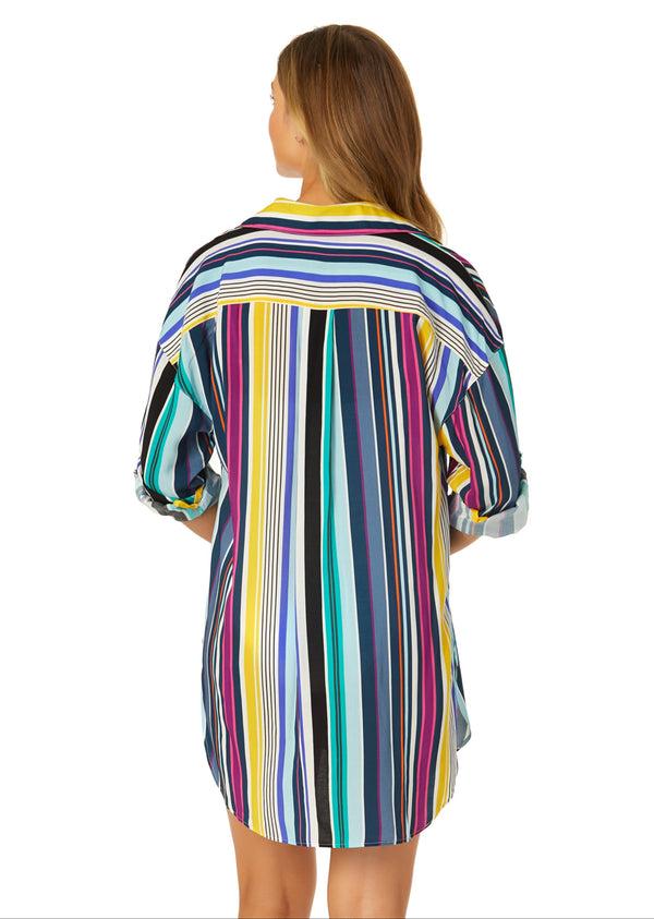 Anne Cole Women's Barcode Stripe Button Down Shirt Swimsuit Cover Up