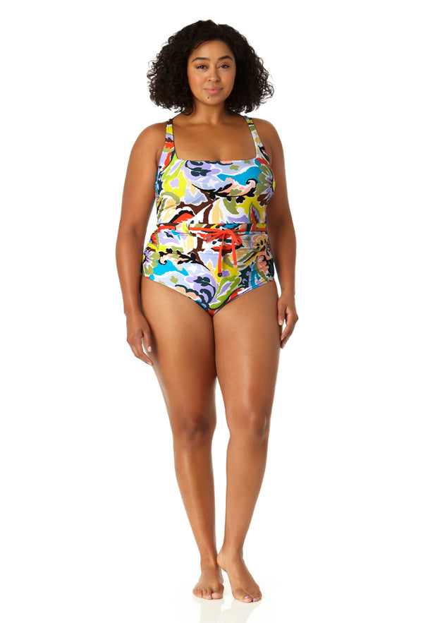 Anne Cole Women's Belted Square Neck One Piece Swimsuit