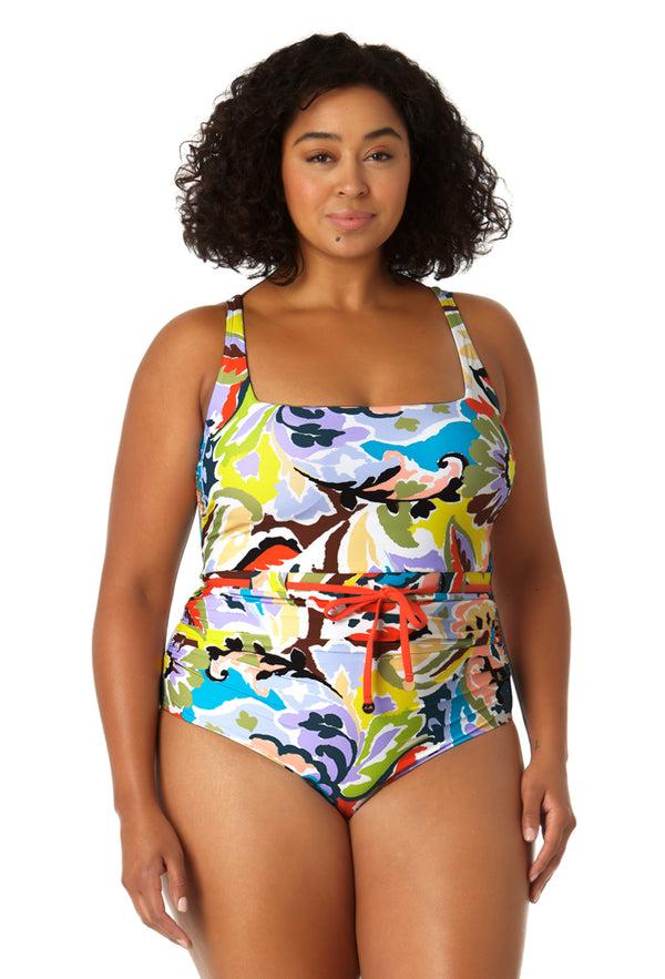 anne cole Women's Belted Square Neck One Piece Swimsuit