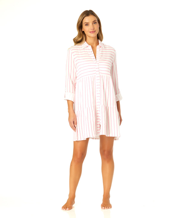 Anne Cole Women's Button Front Long Sleeve Tiered Dress Cover Up