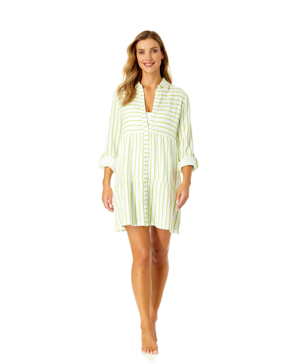 Anne Cole Women's Button Front Long Sleeve Tiered Dress Cover Up