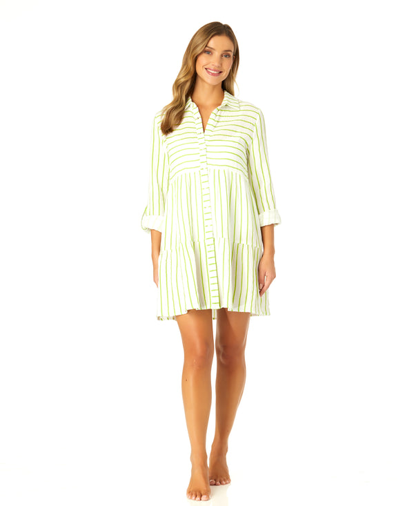 anne cole Women's Button Front Long Sleeve Tiered Dress Cover Up