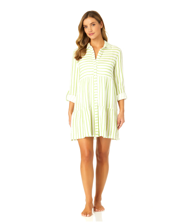 Anne Cole Women's Button Front Long Sleeve Tiered Dress Cover Up