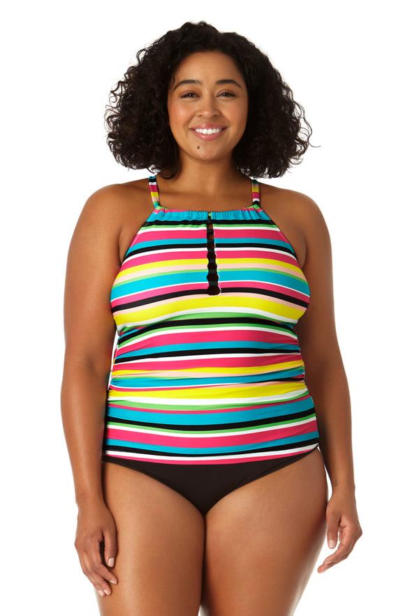 anne cole Women's Center Tab High Neck Tankini Swim Top