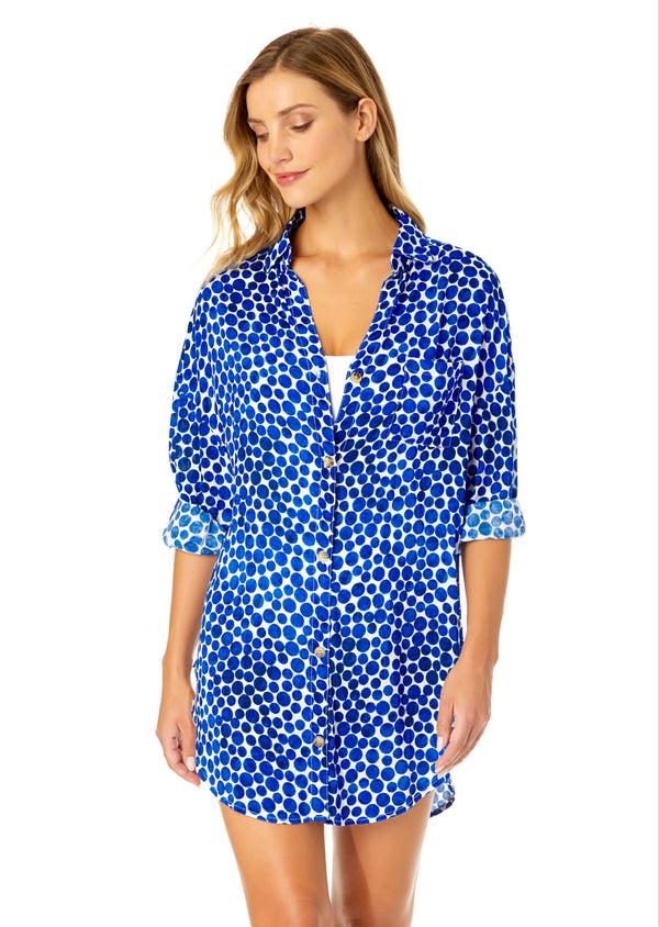 anne cole Women's Denim Dot Button Down Shirt Swimsuit Cover Up