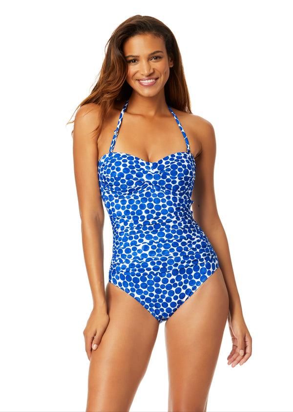 anne cole Women's Denim Dot Twist Front Shirred One Piece Swimsuit