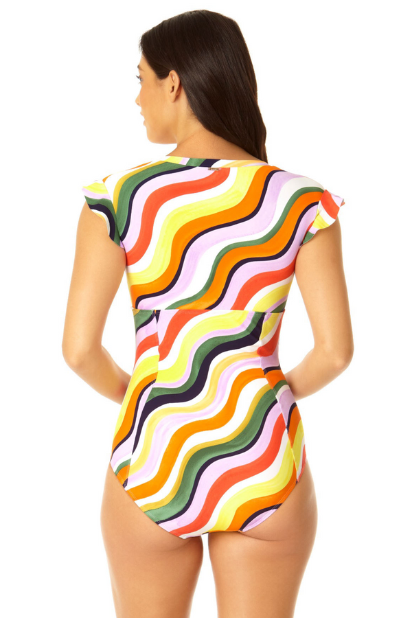 Anne Cole Women's Flutter Sleeve Zip Up Rash Guard One Piece Swimsuit