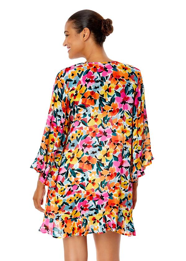 Anne Cole Women's Gradient Floral Flounce V Neck Tunic Swimsuit Cover Up