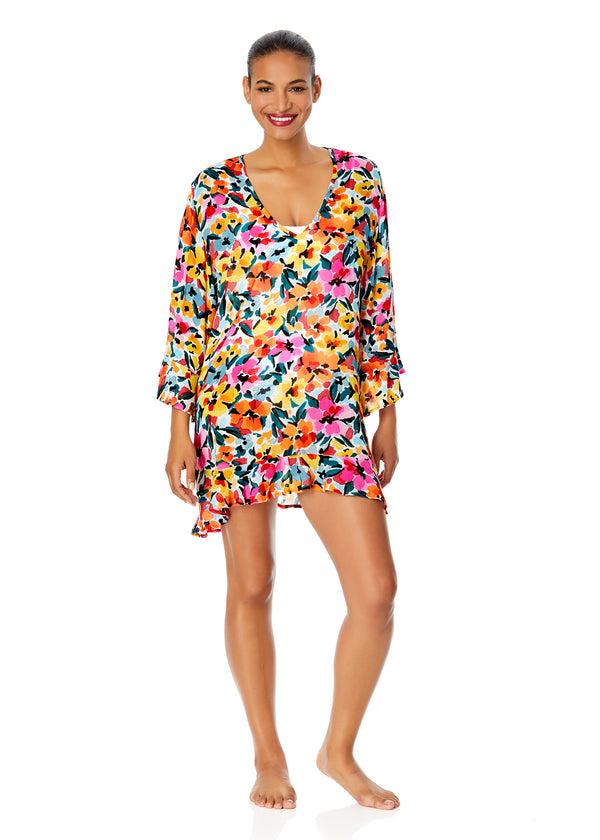 Anne Cole Women's Gradient Floral Flounce V Neck Tunic Swimsuit Cover Up
