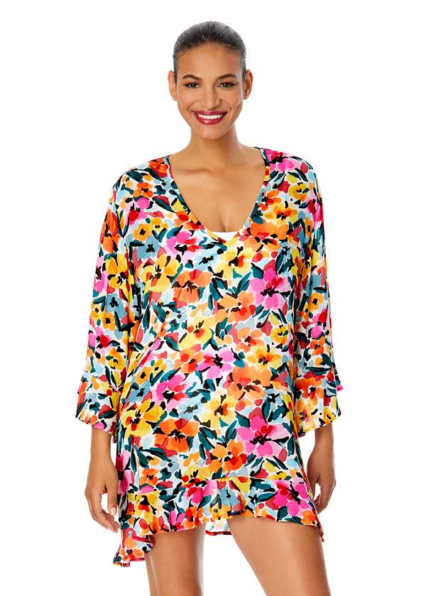 anne cole Women's Gradient Floral Flounce V Neck Tunic Swimsuit Cover Up
