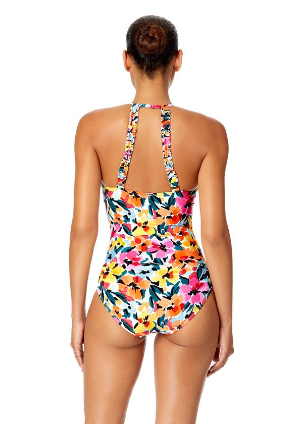 Anne Cole Women's Gradient Floral High Neck With Ruffled Straps One Piece Swimsuit