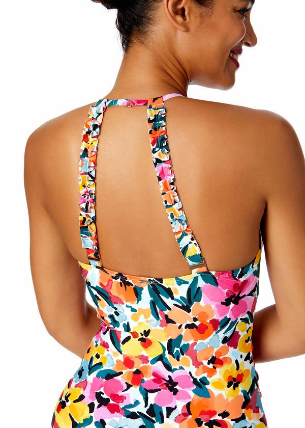 Anne Cole Women's Gradient Floral High Neck With Ruffled Straps One Piece Swimsuit