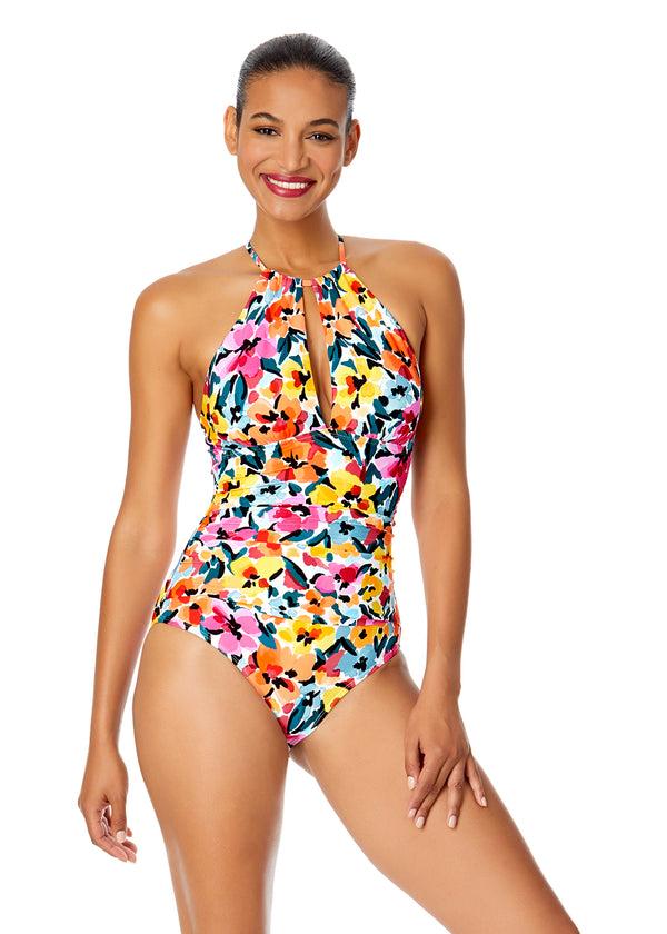 anne cole Women's Gradient Floral High Neck With Ruffled Straps One Piece Swimsuit