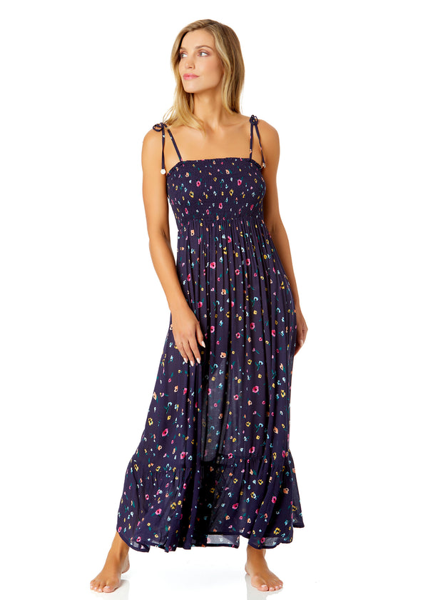 Anne Cole Women's Gradient Floral Smocked Shoulder Tie Dress Cover Up